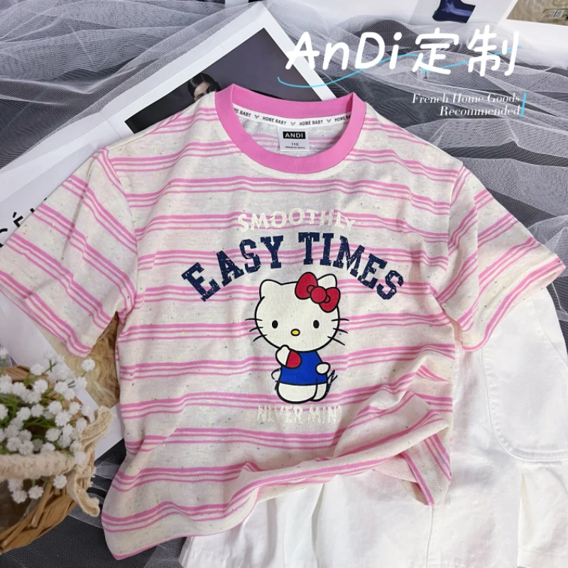 〖ANDI〗安迪订制女童中大童夏季可爱小猫咪洋气条纹短袖4127