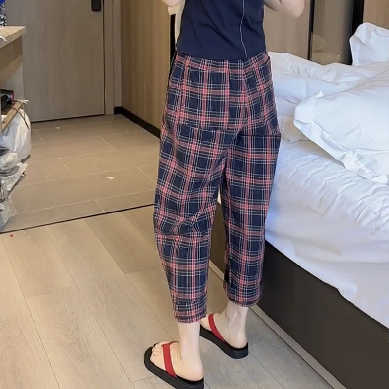 2025夏季新款九分休闲格子裤女显瘦洋气哈伦裤大码遮肉薄款老爹裤