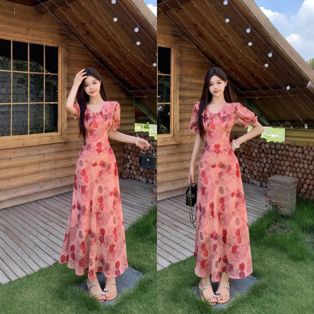 wxnh6988荷叶边拼接V领收腰连衣裙2025夏季法式浪漫玫瑰印花长裙