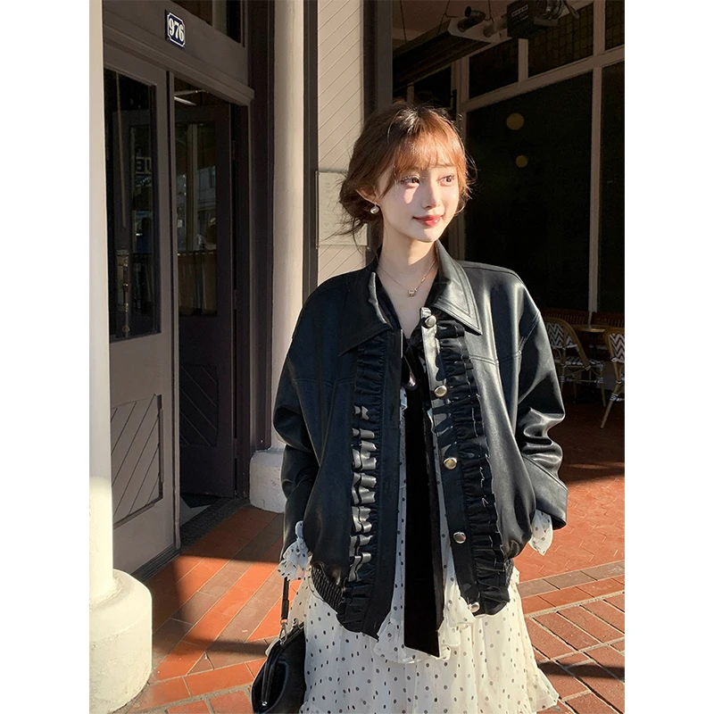 设计感荷叶边复古百搭短款皮衣女2025新款高街金属块机车外套上衣