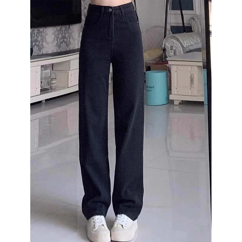 黑灰色牛仔裤女秋冬加绒加厚高腰显瘦大码秋季新款松弛感阔腿裤子