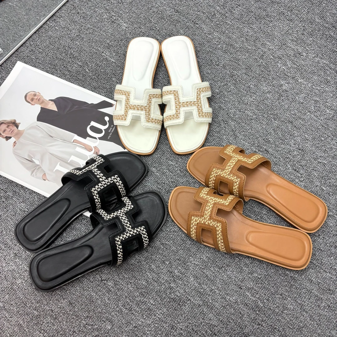 【双H设计】网红平底修面编织沙滩薄款夏季一字拖百搭森系日奢风