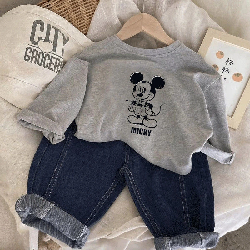 儿童纯棉长袖T恤秋款中小男童百搭卡通米奇拼色插肩袖打底衫上衣t