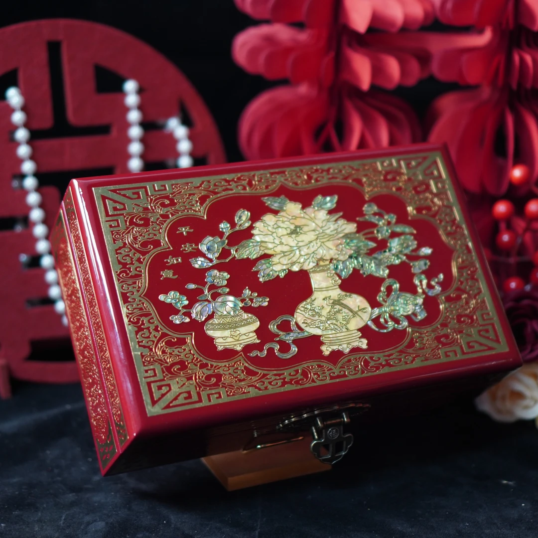 首饰盒/箱 23厘米平盒 非遗平遥铜丝螺钿镶嵌漆器首饰盒饰品盒