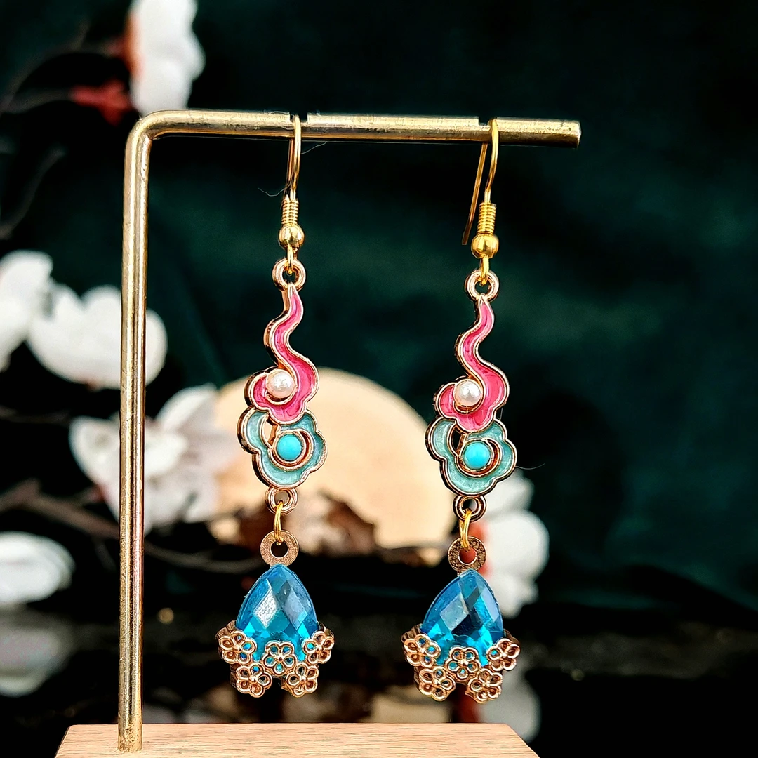 多吉米 合金耳饰 云影祥蓝复古新中式高级感耳环耳夹汉服旗袍耳饰