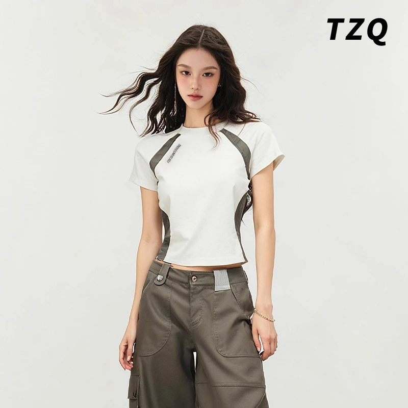 美式撞色圆领短袖T恤女夏季2025修身运动打底辣妹上衣TZQ2560540
