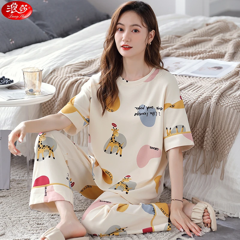 浪莎睡衣女夏季短袖长裤纯棉卡通薄款女士大码休闲夏天家居服套装