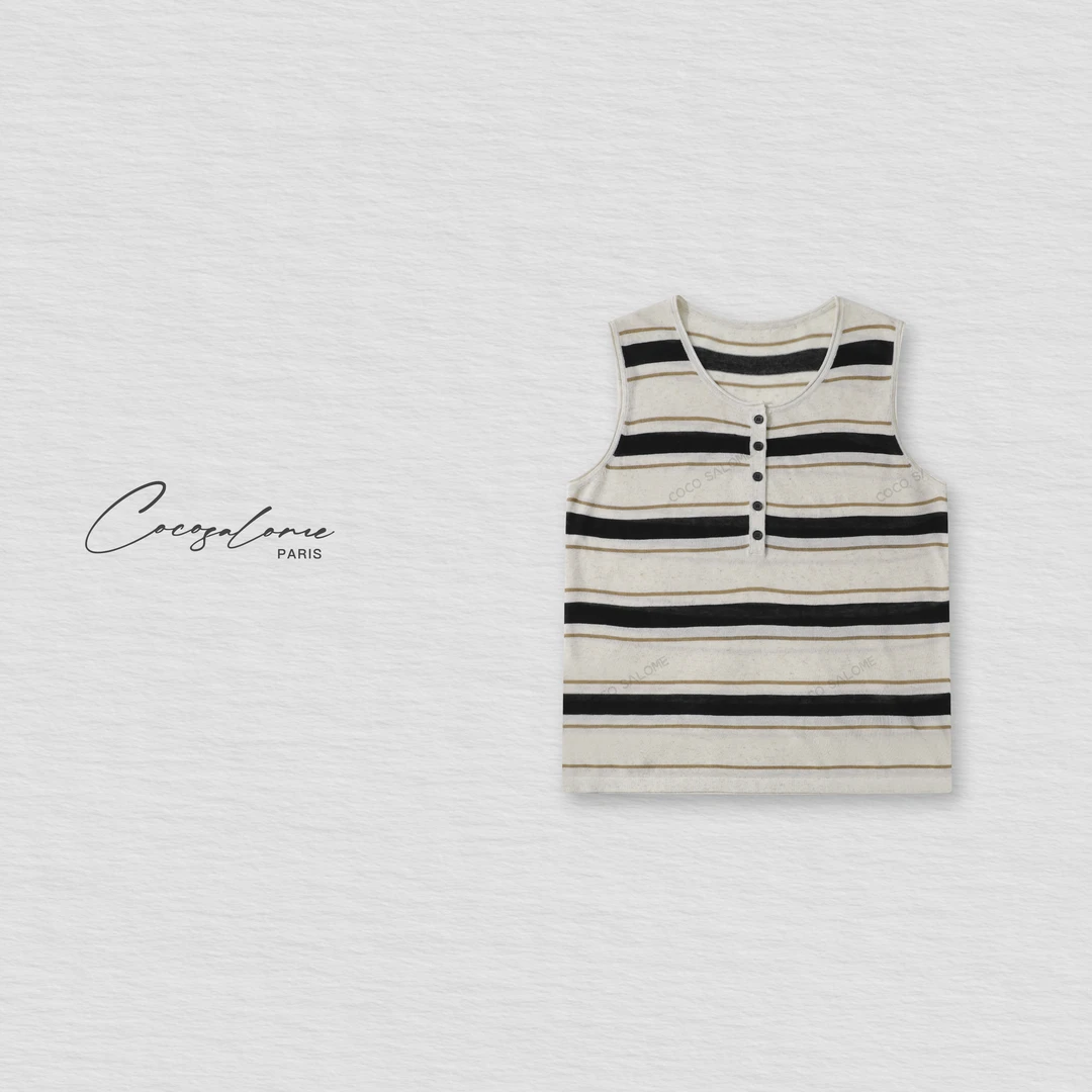 COCO SALOME｜韩彬彬"条纹对白"亚麻天丝复古时髦条纹背心1694-6