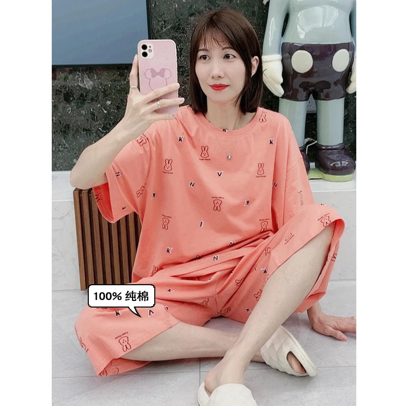 大码睡衣女夏季短袖薄款纯棉套装显瘦宽松休闲圆领韩版卡通家居服