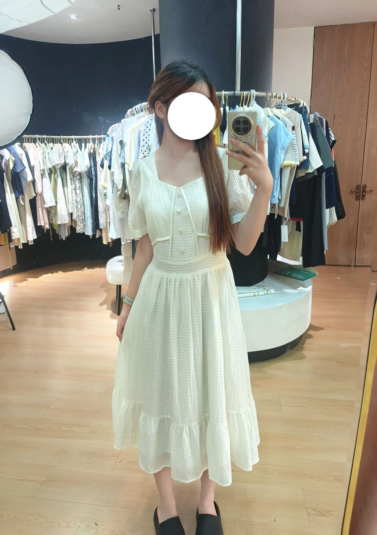 1427清货甜美高腰收腰初恋复古夏季透气连衣裙法式方领泡泡袖