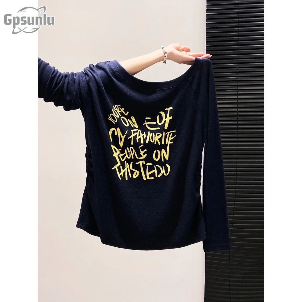 gpsunlu斜肩字母印花长袖恤女秋季新款一字领修身收腰打底上衣