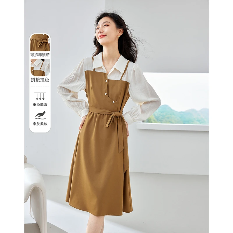 *梵希蔓优雅假两件连衣裙新品翻领长袖系带A字裙72292