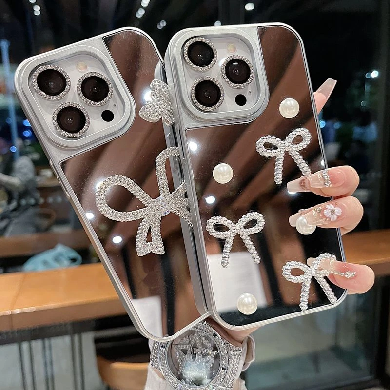 适用苹果系列iPhone16新款手机壳高级镜面珍珠蝴蝶全包防摔保护套