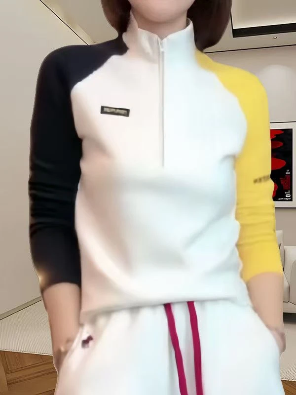 Q25 10710 【水洗不匀无售后】女士打底新款半拉链立领拼接长袖