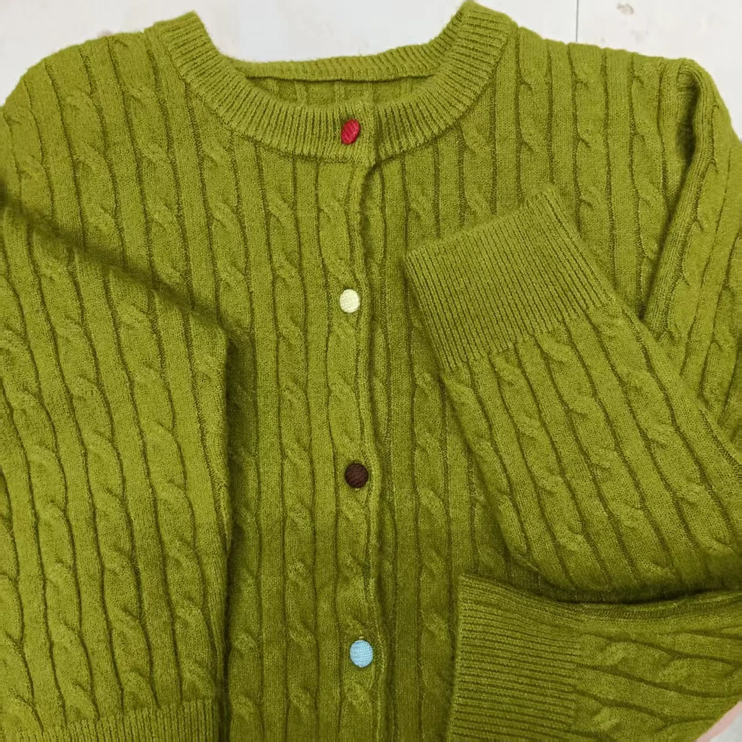 【柳黄色】麻花针织开衫外套2025新款百搭复古毛衣慵懒风A49