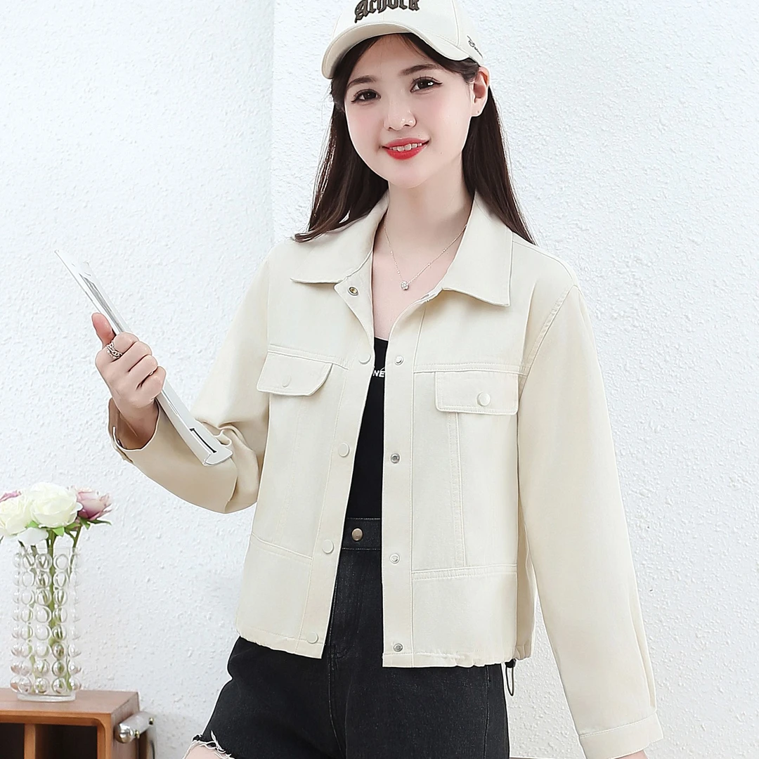 短外套POLO领不褪色女士短款春季长袖小个子气质洋气洗水外套