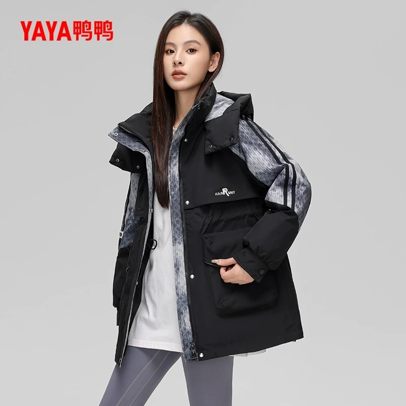 YAYA/鸭鸭女冬季中长款派克服时尚百搭鸭绒外套YE4B617243W