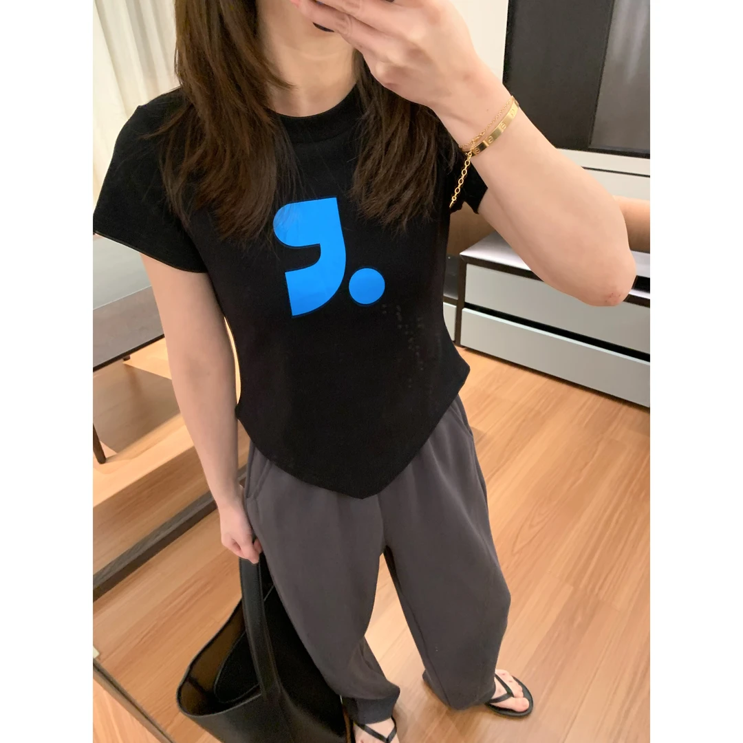 【折扣】YO定制洋气下摆不规则字母短袖T恤休闲百搭显瘦短款上衣