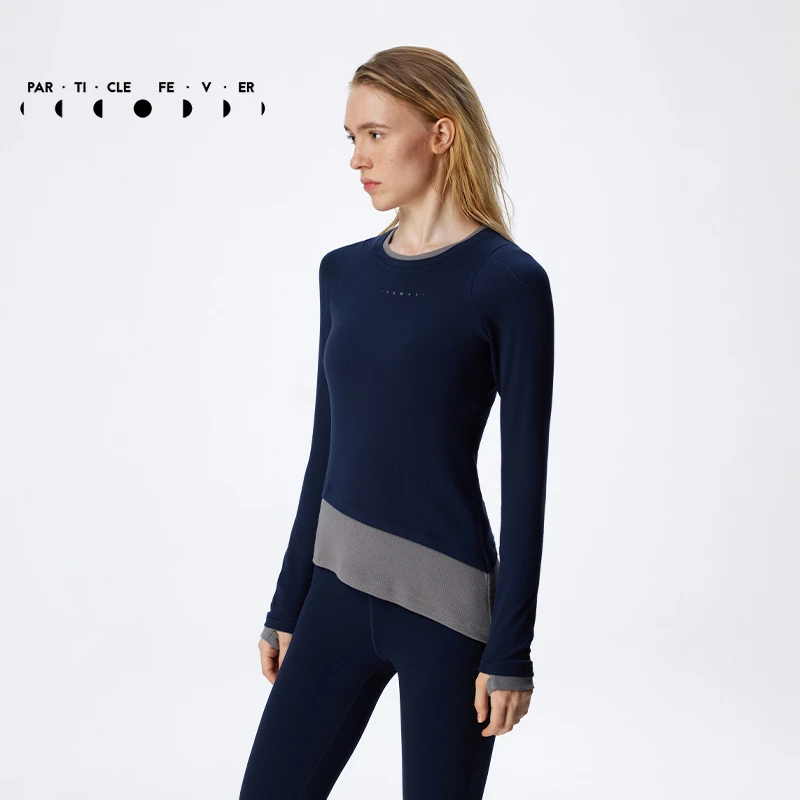 PF莫代尔螺纹斜下摆运动长袖复古撞色假两件修身T恤粒子狂热TP071