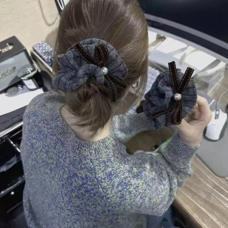 韩系灰色条纹蝴蝶结双层大肠发圈扎头发丸子头发绳头绳皮筋发饰ls