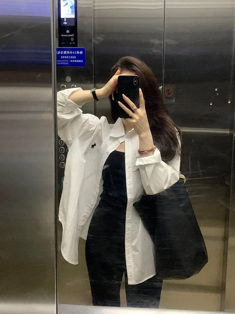 纯棉衬衫女2025春季新款小马刺绣水洗棉长袖百搭内搭叠穿衬衣外套