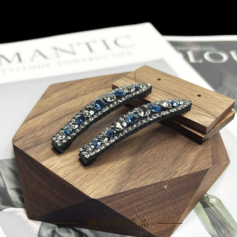 【LXX靓西西】042 BB夹6.2厘米蓝色简约百搭满钻碎发夹一对装