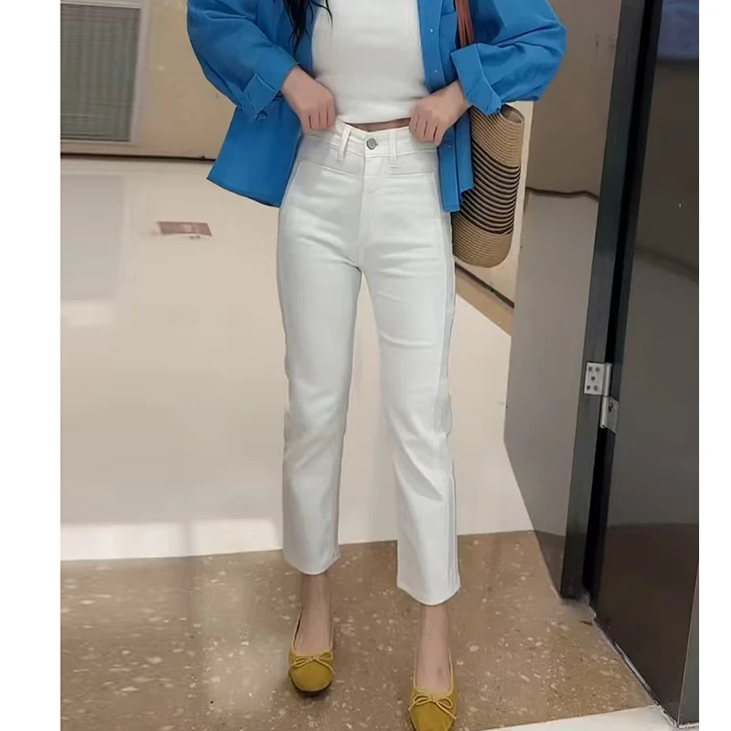 2025夏季新款白色九分直筒牛仔裤女大码高腰弹力显瘦百搭烟管裤子