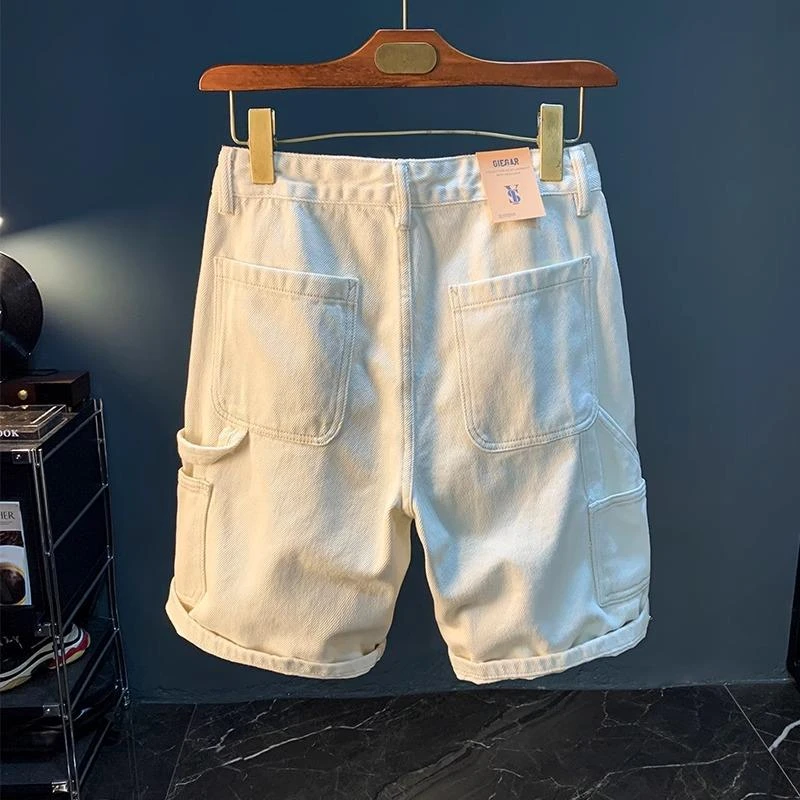 法国白色牛仔短裤男夏季薄款纯棉无弹休闲中裤潮流宽松大码五分裤