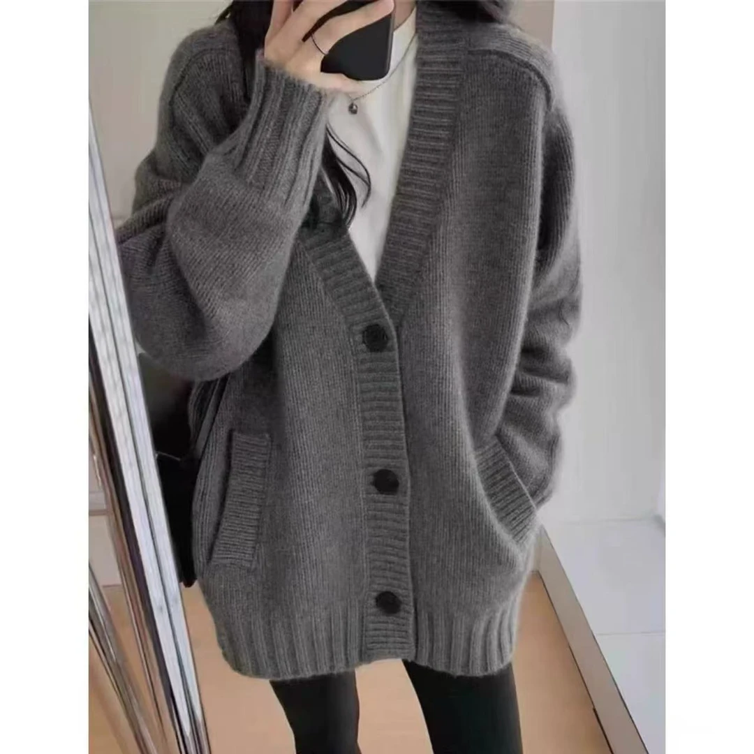 重磅加厚100%羊毛开衫外套女V领中长款复古羊毛衫慵懒风宽松毛衣