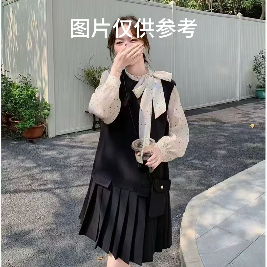 【晴儿家】秋季韩系千金风百褶背心连衣裙+衬衫系绳内搭两件套1973