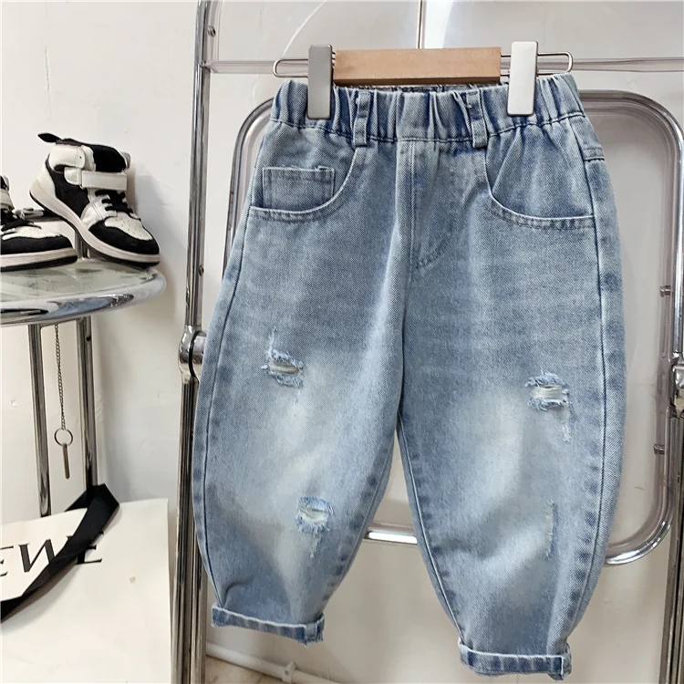 儿童韩版牛仔裤男童春秋款韩系百搭牛仔长裤潮童时尚破洞休闲裤子