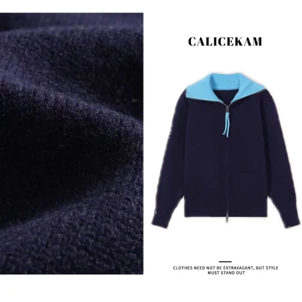 韩系加厚翻领双色针织开衫百搭显瘦时尚HY8639