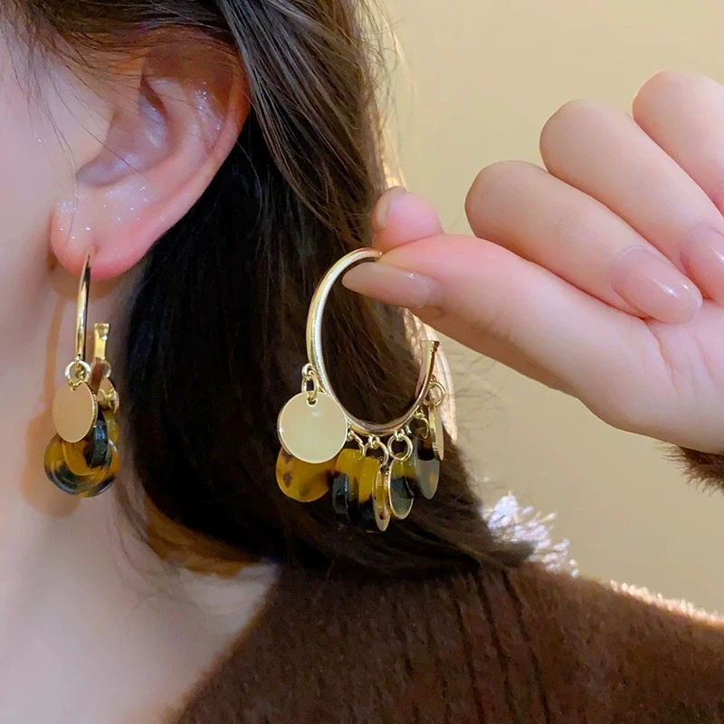 合金亚克力耳饰 夸张C形豹纹流苏耳钉金属圈圈爆款冷淡风耳饰