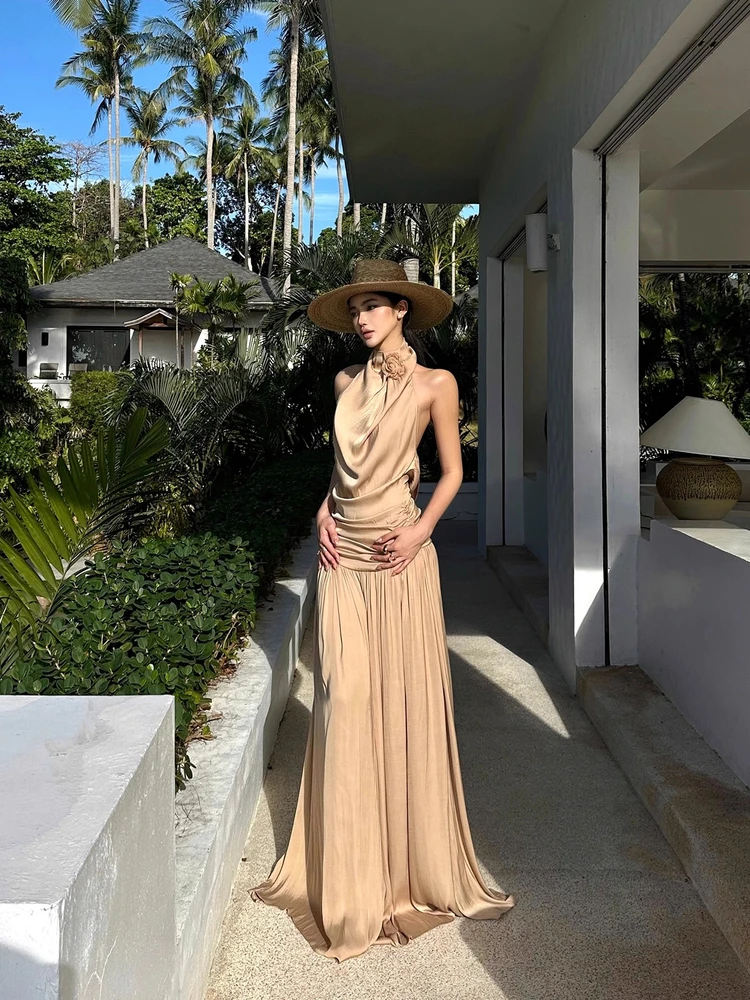 rovente伊顿美神 挂脖荡领连衣裙气质名媛礼服裙海边吊带露背长裙