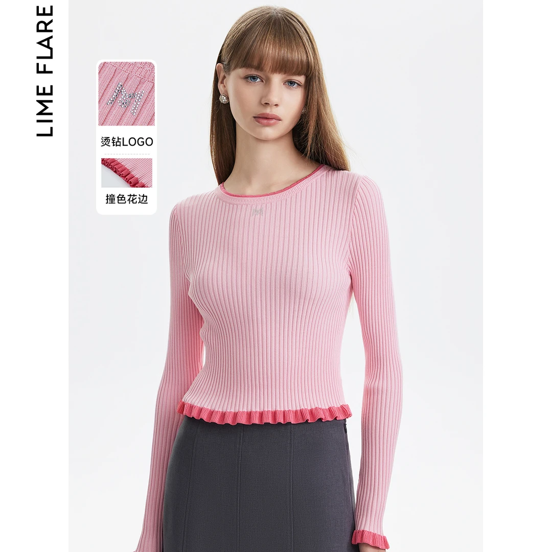 莱茵圆领气质针织衫小个子法式木耳边女士上衣LMFC18KPR134