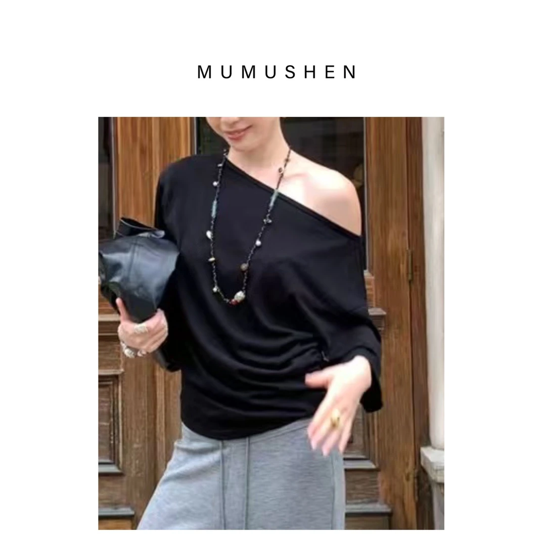 MUMUSHEN A025慵懒收腰褶船领可斜肩T恤纯色宽松舒适上衣