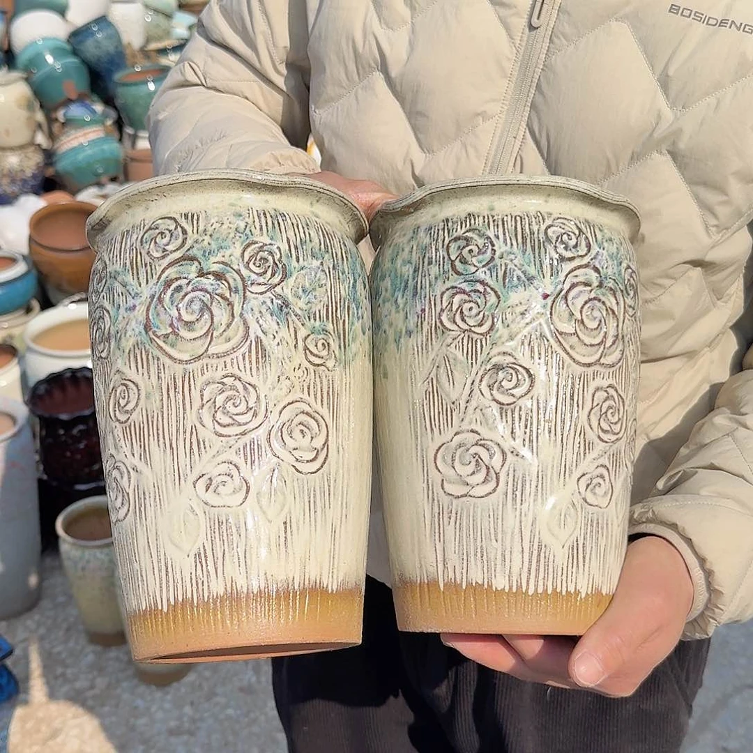 紫砂花盆口15高25（两个玫瑰花老庄欧