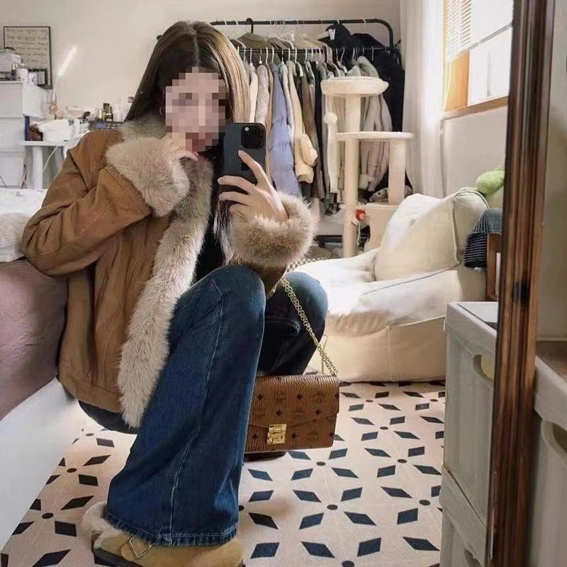 鹿皮绒仿狐狸毛机车服外套女秋冬短款2025新款美拉德毛毛皮草