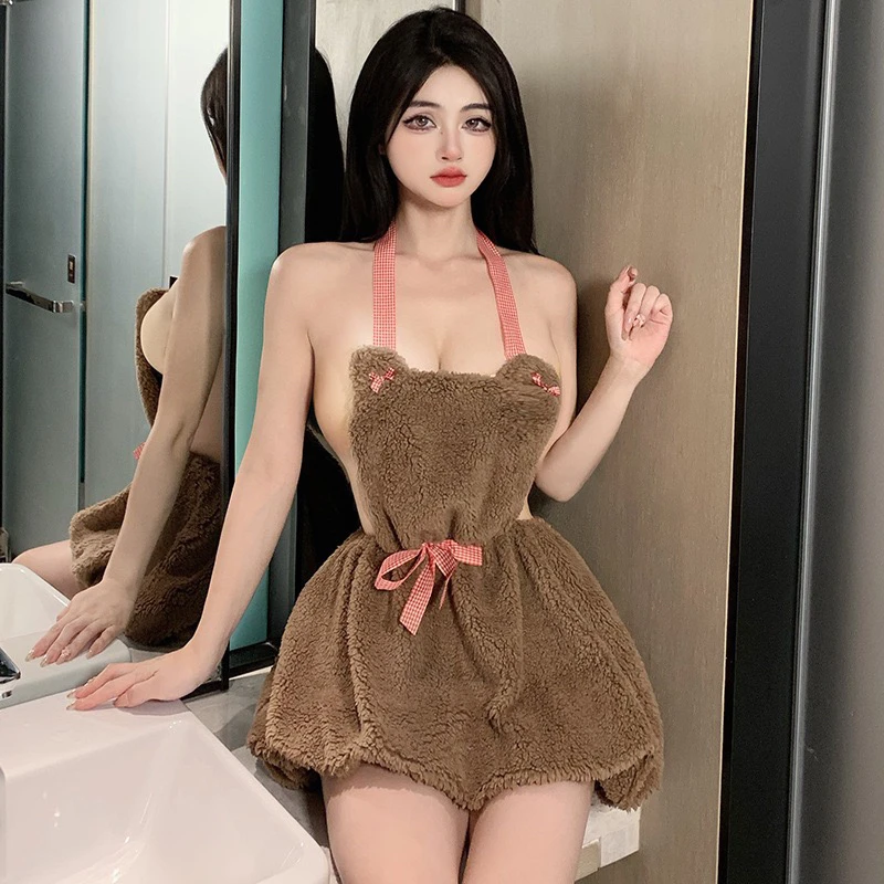 可爱小熊露背挂脖吊带纯欲风甜美性感辣妹睡衣2420