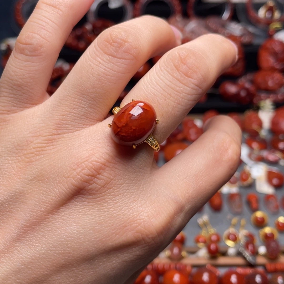 南红玛瑙银S925镶嵌火焰纹戒指