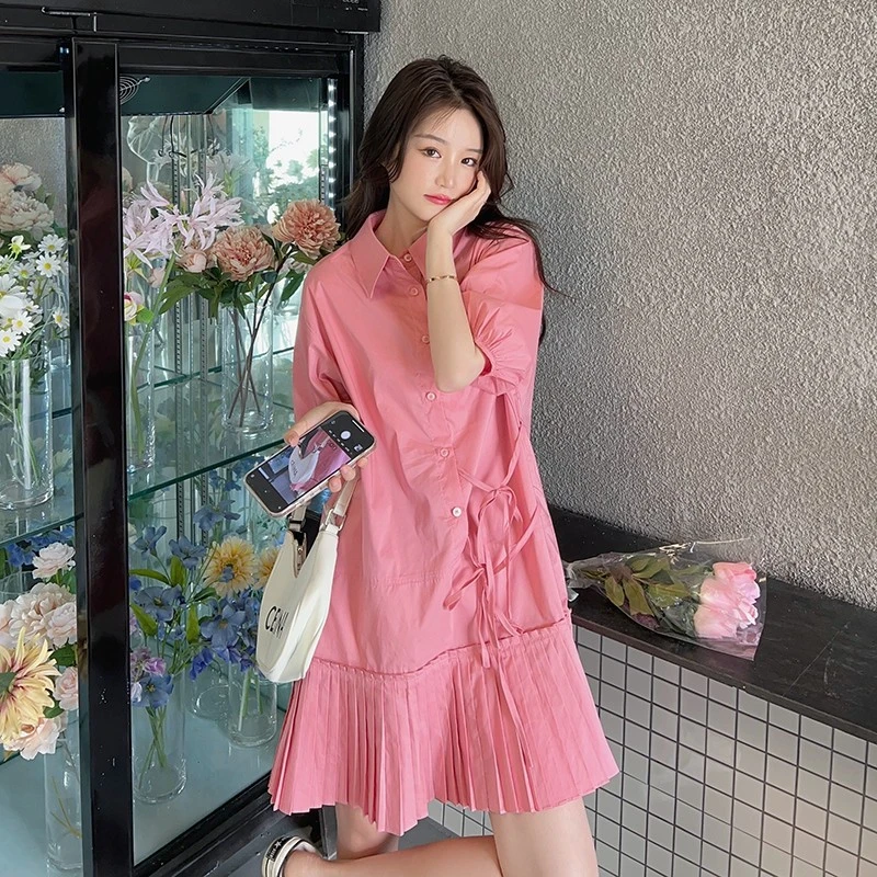 粉色衬衫连衣裙女夏季设计感小众法式桔梗初恋甜美百褶荷叶边裙子