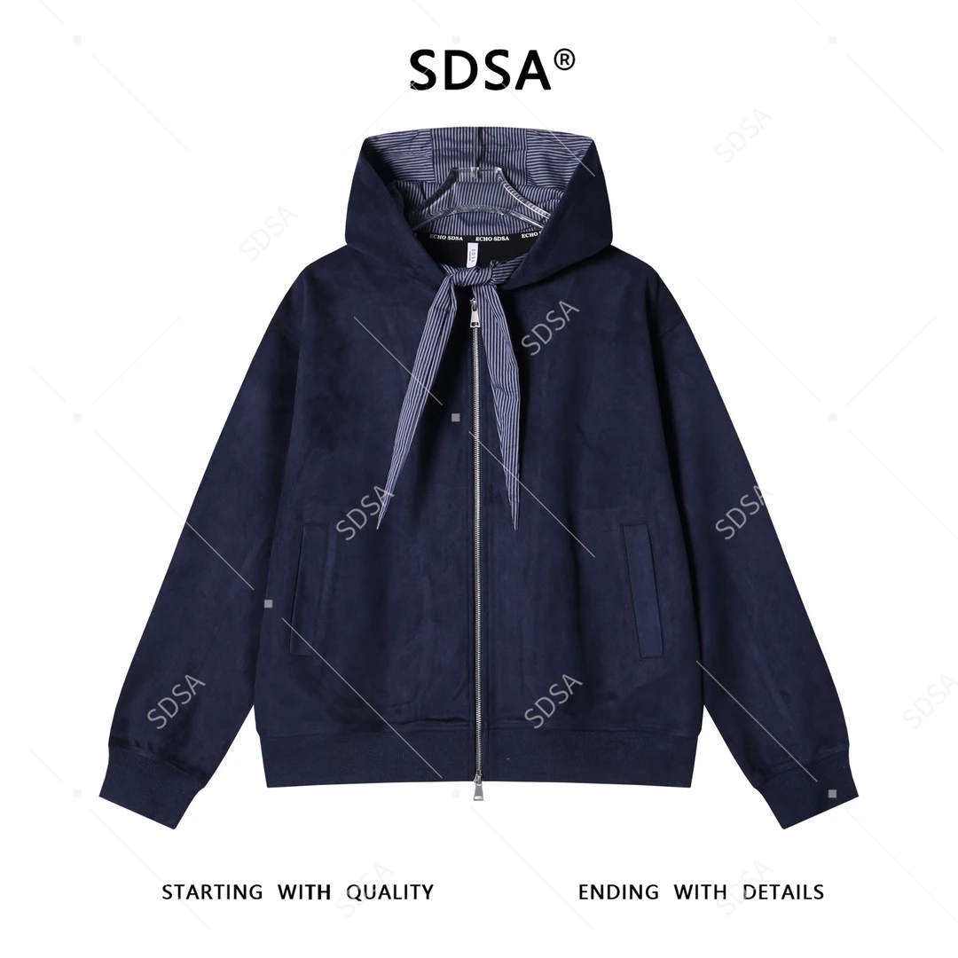 SDSA男士秋冬新款痞帅男装潮牌拼接领带拉链连帽卫衣百搭宽松上衣