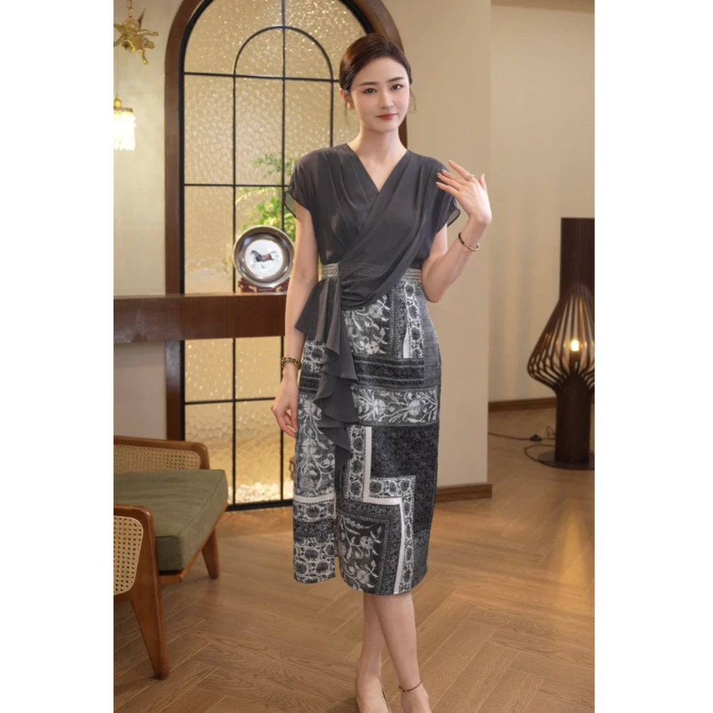 唐熹2025夏季新款【ZM-860】轻奢高定收腰灰色显瘦高级时尚女连衣裙