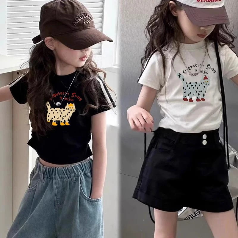 新品巴拉巴拉女童短款修身T恤2025夏季童装时髦小女孩猫咪短袖中
