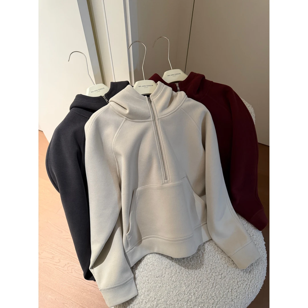 miss muzi “人气王卫衣”高克重果冻双面绒半拉链休闲气质连帽外套