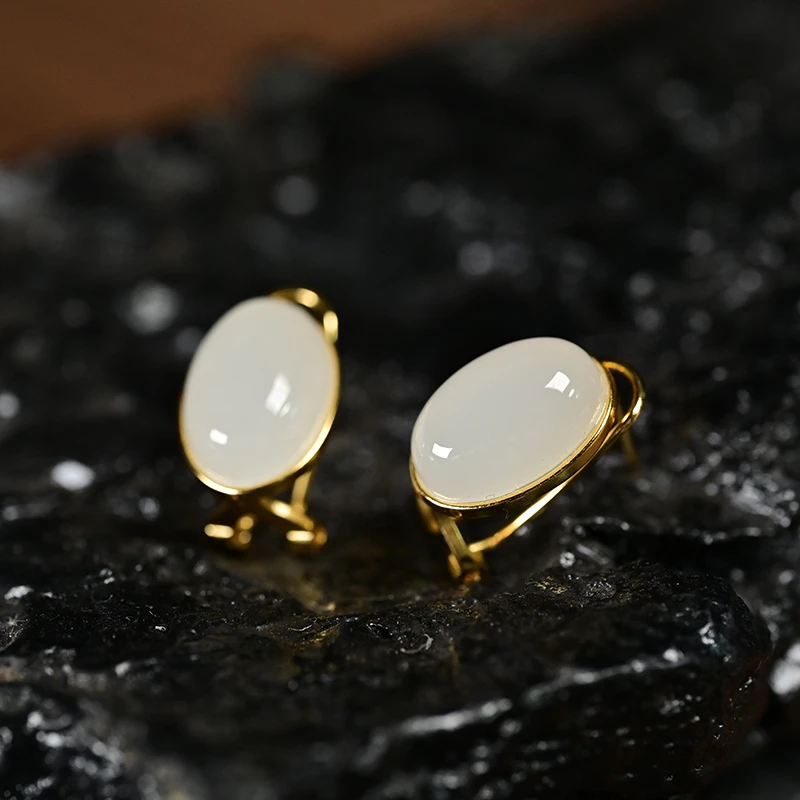 冰底白玉耳扣S925银镀金镶嵌