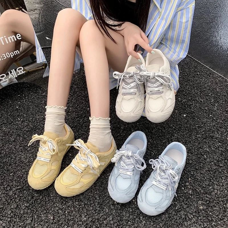 网面透气休闲运动鞋2025夏季显脚小防滑内增高德训鞋旅游跑步女鞋