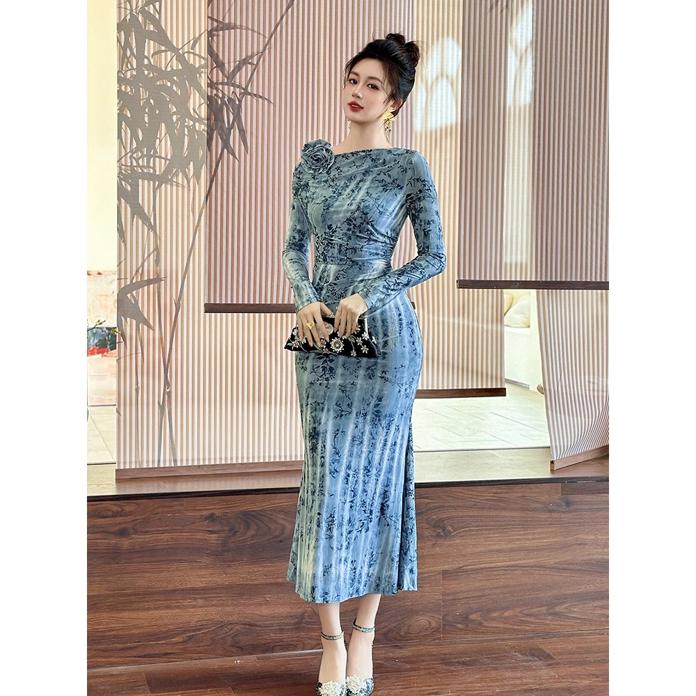 性感女人味针织连衣裙女秋冬内搭绝美长袖收腰包臀鱼尾裙打底长裙