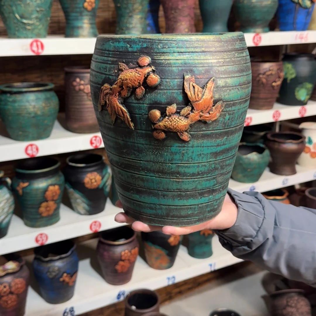 红陶红陶浮雕花盆炸炸炸