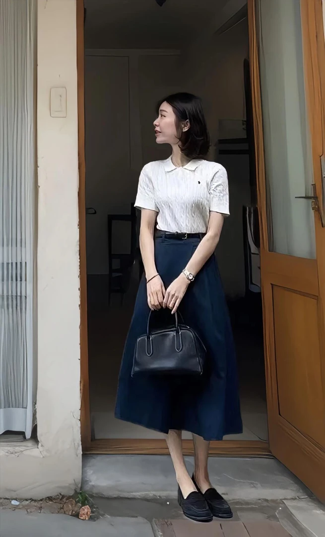 【午后时光】柔软圆领白色上衣女藏青色高腰半身裙显瘦小个子套装